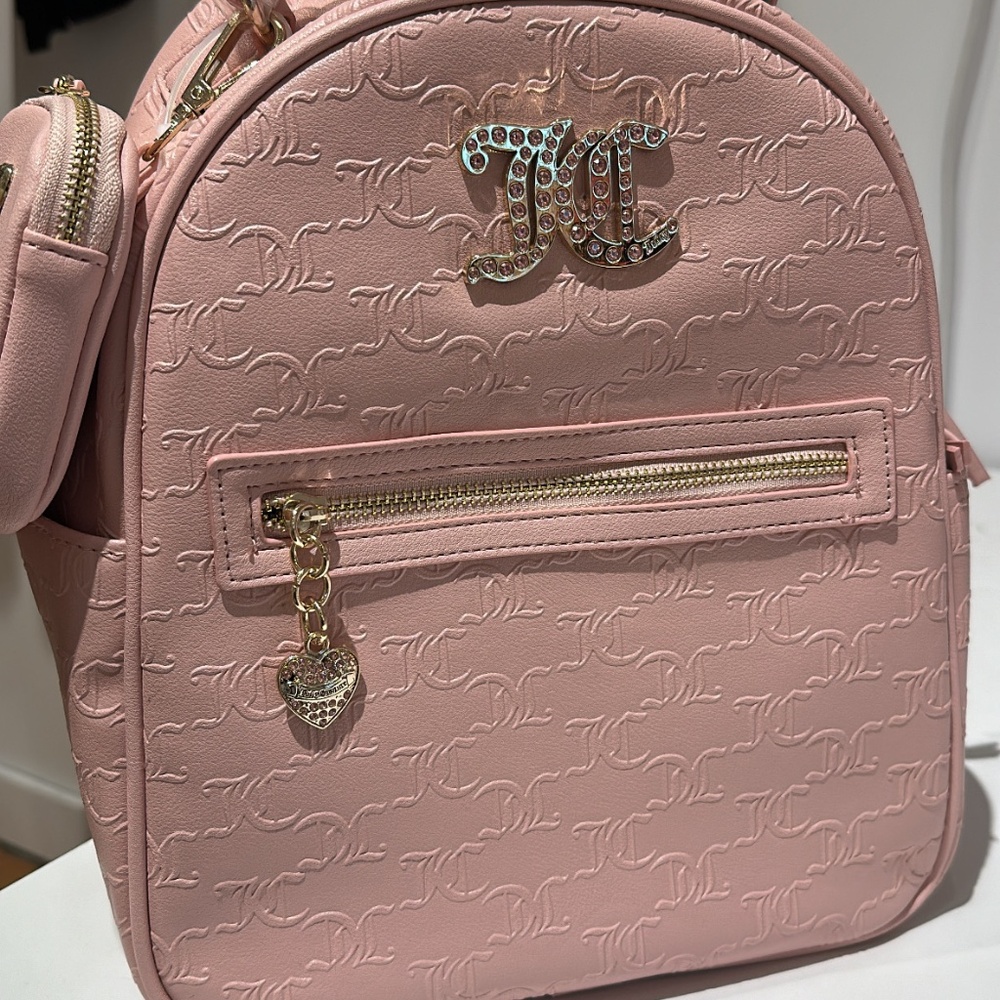 Juicy Couture Pink PU Leather  Backpack | Monogram, Rhinestone Logo, Heart C